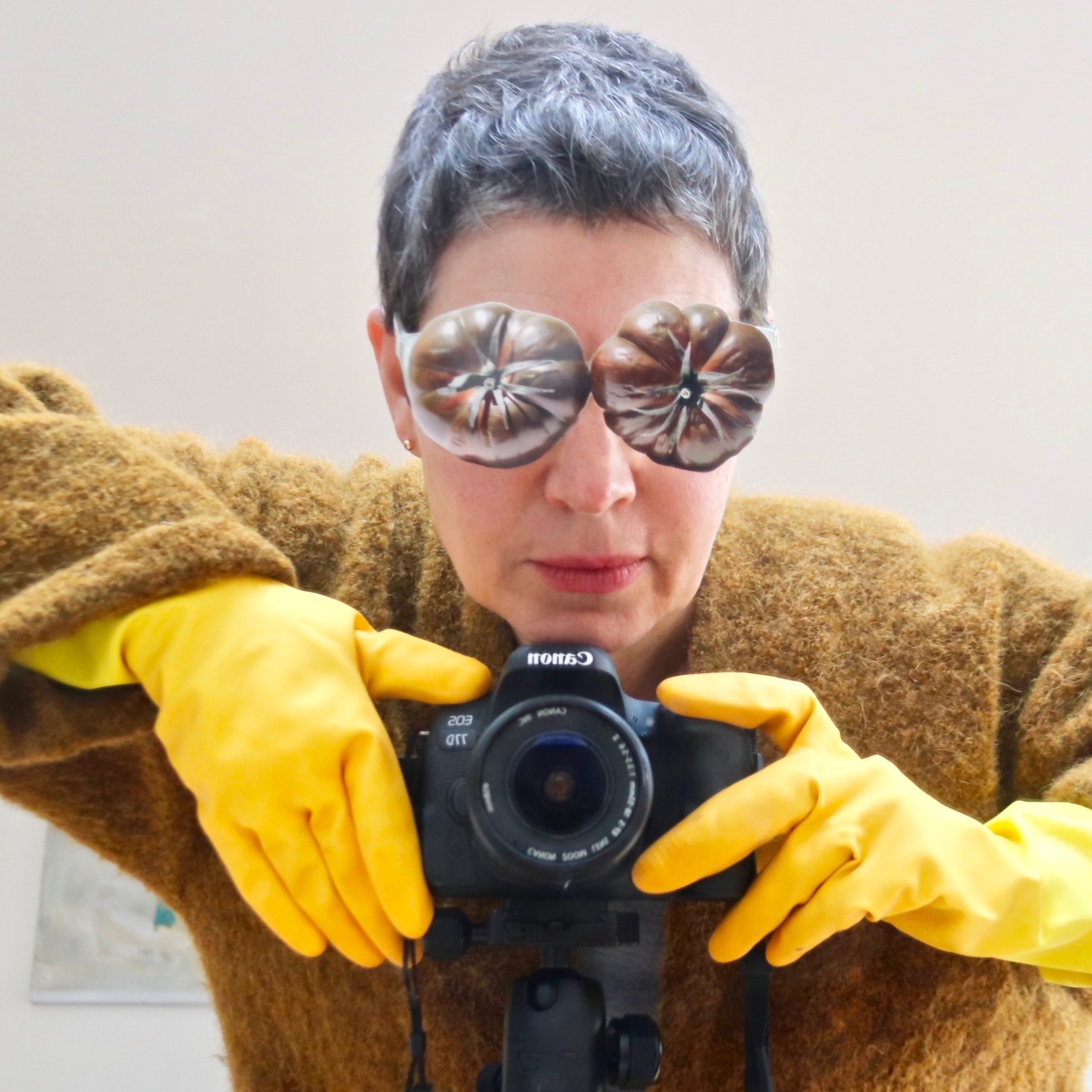 Woman with short dark hair wearing collaged tomato glasses and yellow rubber gloves grips a camera.
